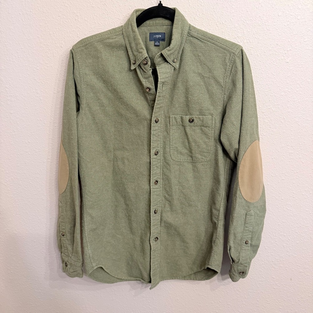 J.Crew Mens Flannel Button Down Shirt Olive Green Elbow Patches B3061 XS - Picture 1 of 7